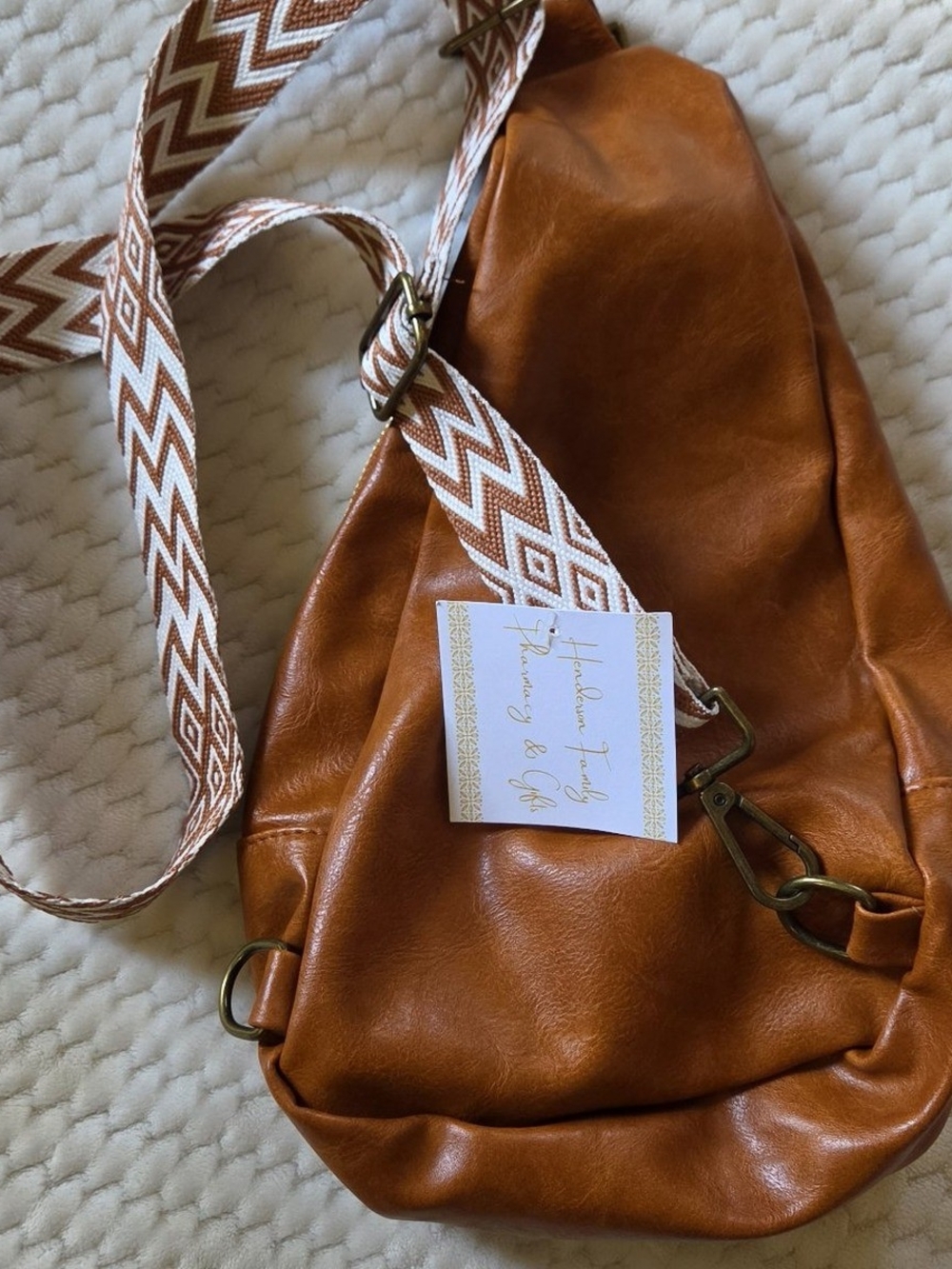 NWT Cognac Faux Leather Sling Bag Crossbody Woven Chevron Strap $42 Retail